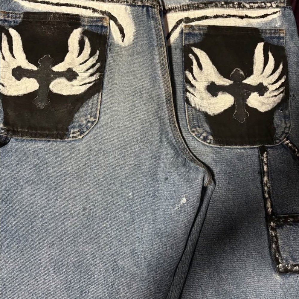 Men's Blue Jeans with Winged Cross Design
